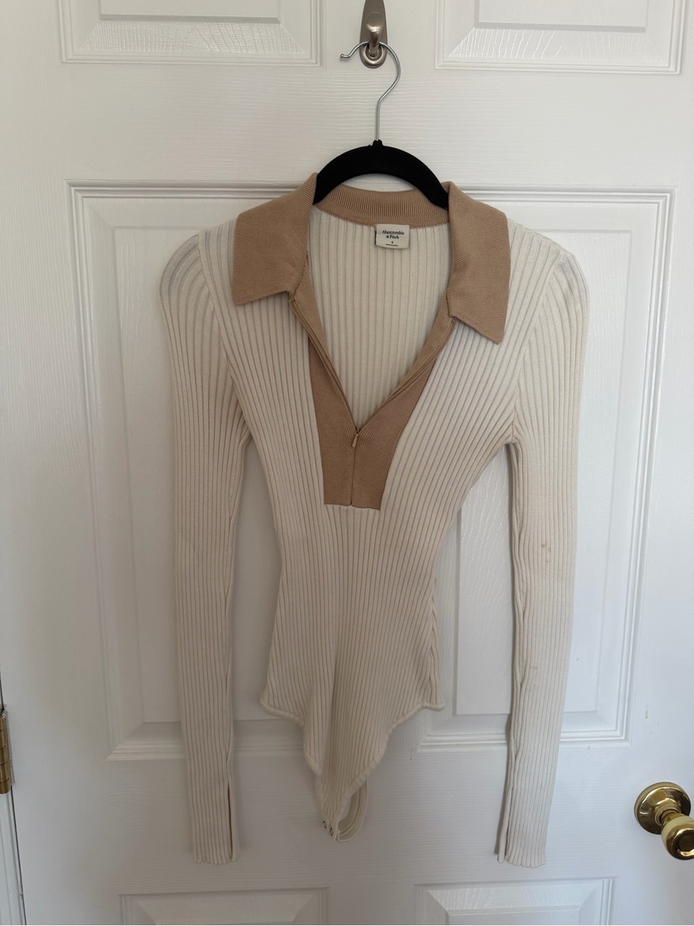 Abercrombie & Fitch Ribbed Polo Bodysuit in Cream and Tan
